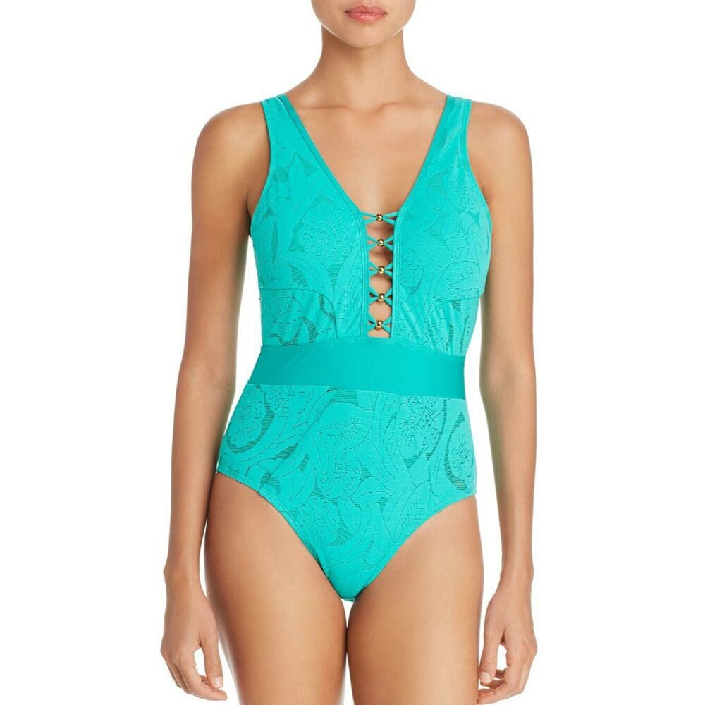 Athena Jade Green crochet All Dressed up plunge front one piece swimsuit size 8